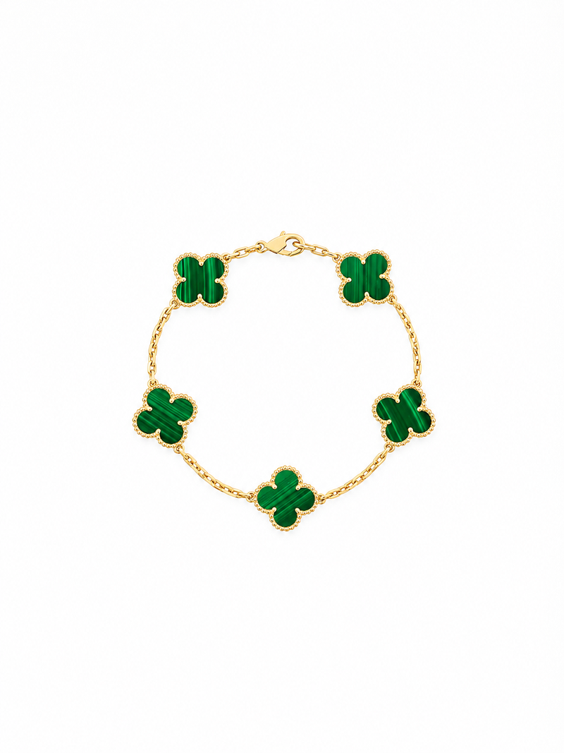 Vintage Alhambra 5 Motif 18K Yellow Gold Malachite Bracelet