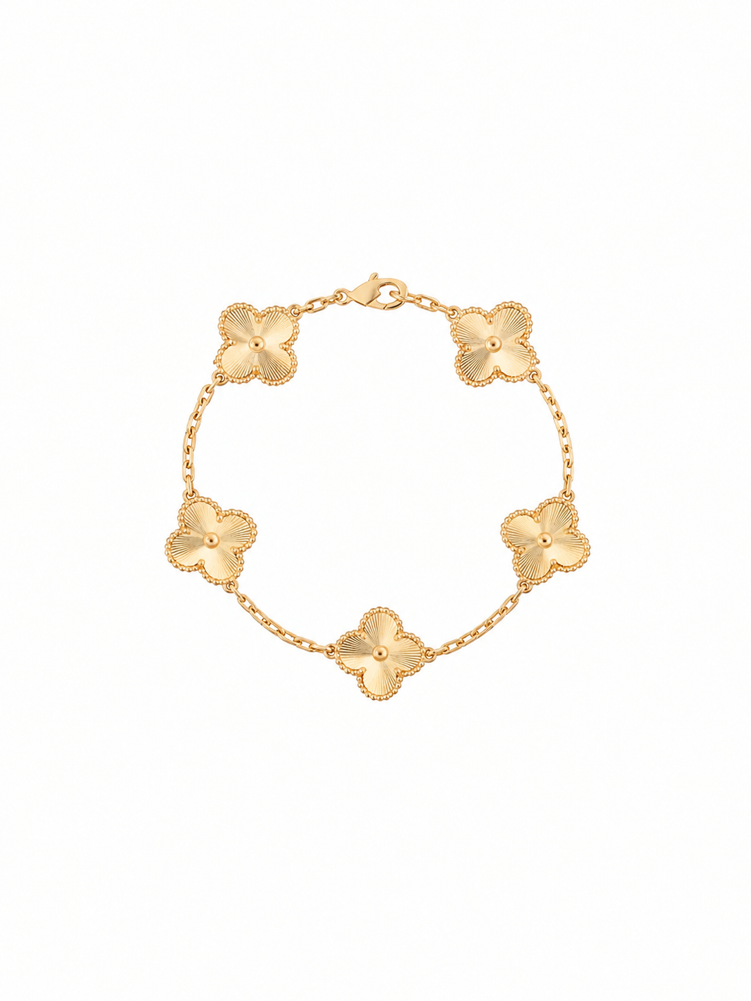 Vintage Alhambra 5 Motif 18K Yellow Solid Gold Guilloche Bracelet