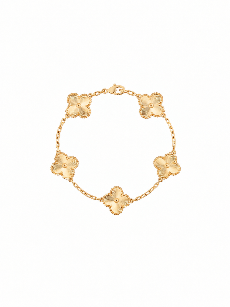 Vintage Alhambra 5 Motif 18K Yellow Solid Gold Guilloche Bracelet