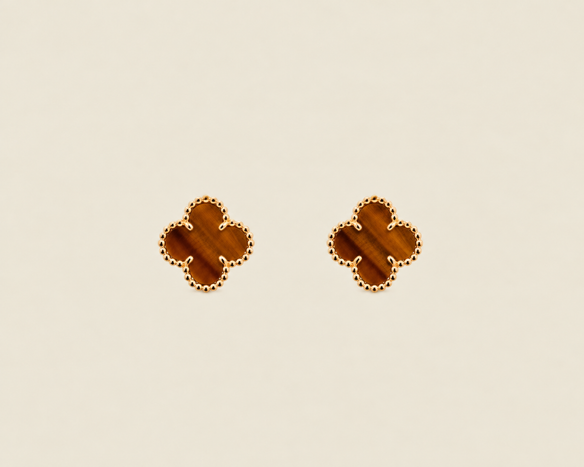 Vintage Alhambra 2 Motif 18K Yellow Gold Tiger Eye Earrings