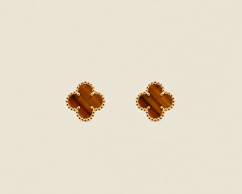 Vintage Alhambra 2 Motif 18K Yellow Gold Tiger Eye Earrings