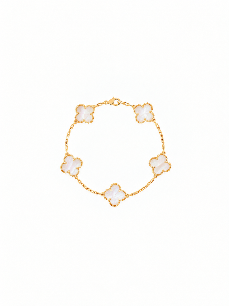 Vintage Alhambra 5 Motif 18K Yellow Gold Mother of Pearl Bracelet