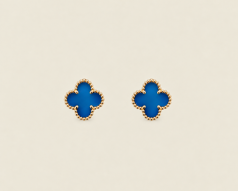 Vintage Alhambra 2 Motif 18K Yellow Gold Agate Earrings