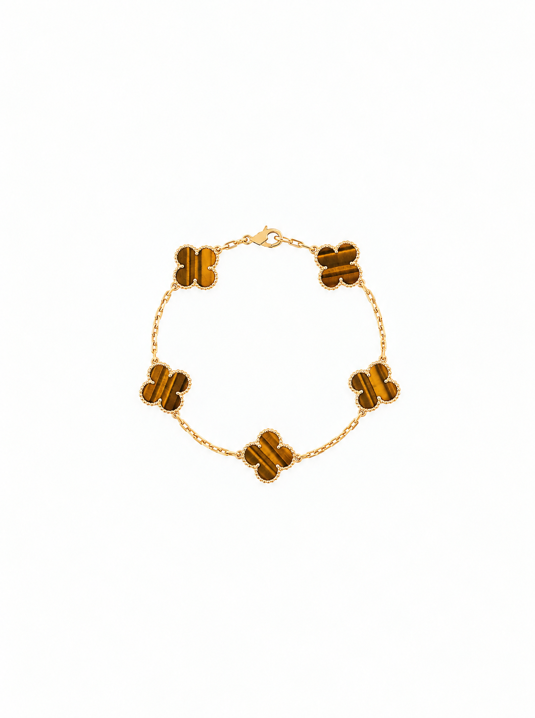 Vintage Alhambra 5 Motif 18K Yellow Gold Tiger-Eye Bracelet