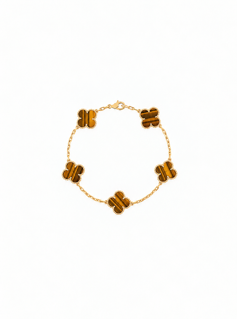 Vintage Alhambra 5 Motif 18K Yellow Gold Tiger-Eye Bracelet